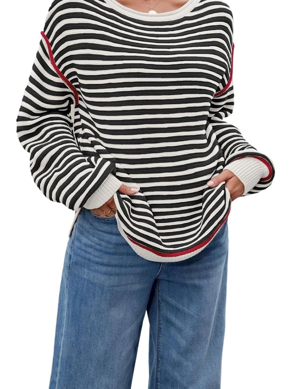 Striped Black & White Knit Sweater with Red Trim